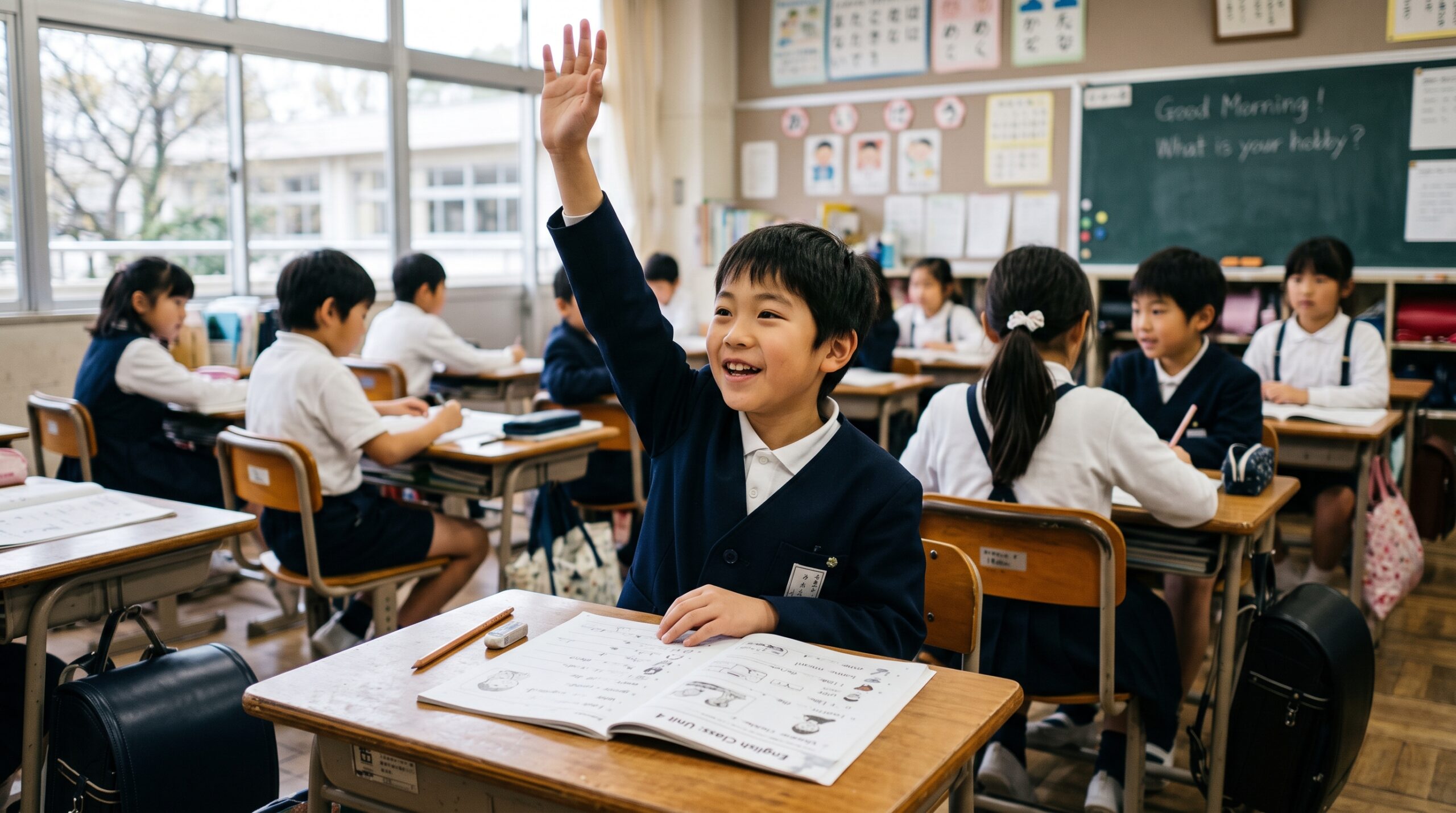 日本人学校の教室で英語のワークシートを前に手を挙げる日本人の小学生の男の子