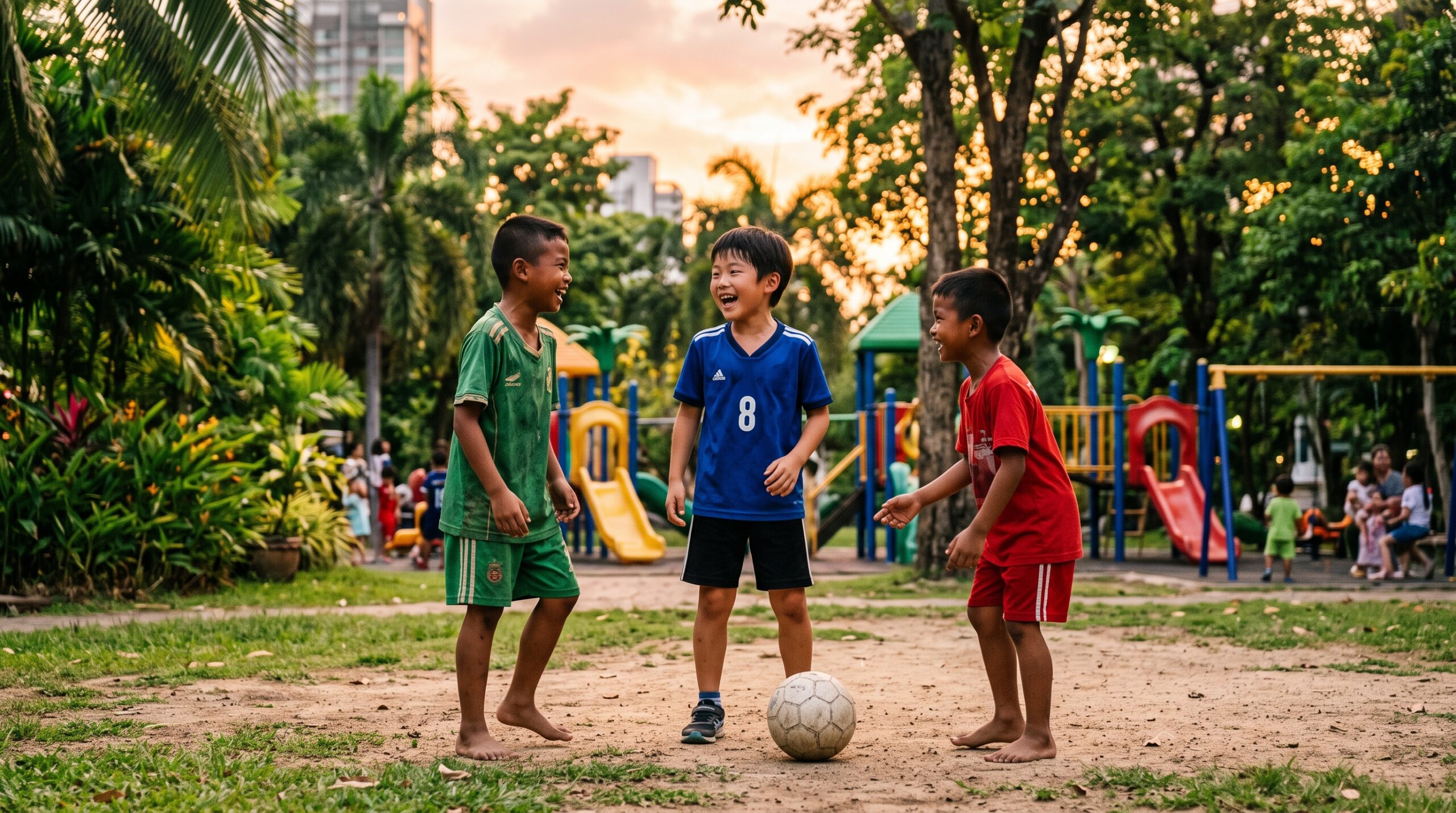 東南アジアの公園で現地の子ども2人とサッカーボールで遊ぶ日本人の小学生の男の子