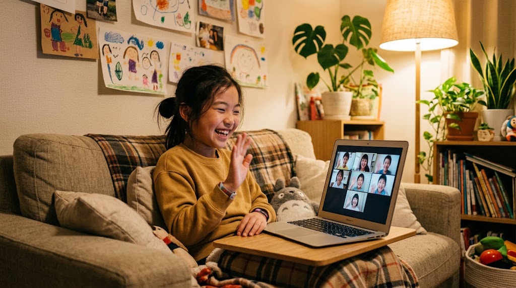自宅のソファで、オンラインの日本語グループ授業に映る同世代の友達に手を振って笑う子ども