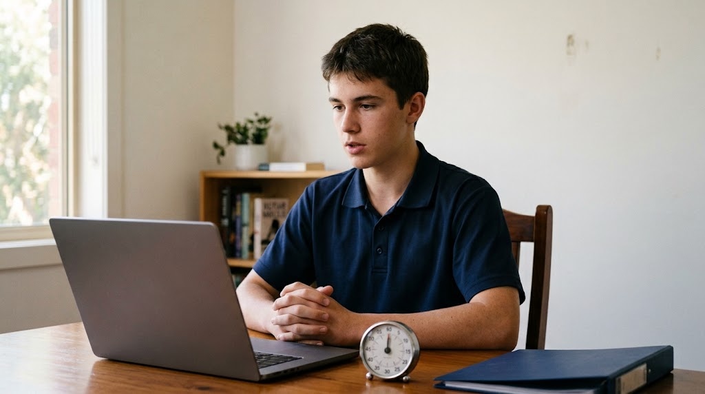 A Year 12 student in an Australian home sitting upright at a desk doing a timed mock Japanese oral exam on a laptop video call