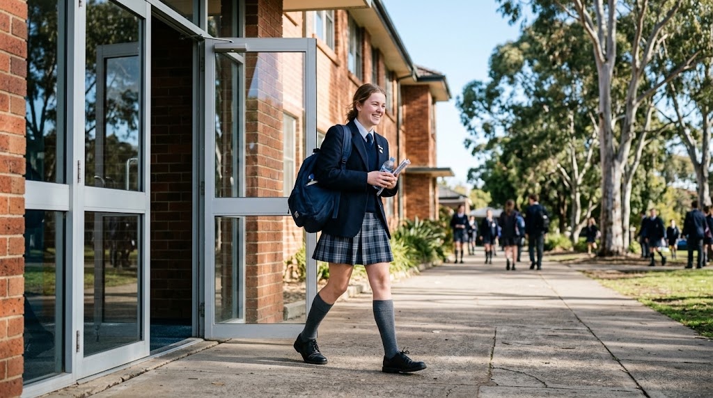 An Australian student walking out of a school building smiling with relief after finishing a spoken language examination