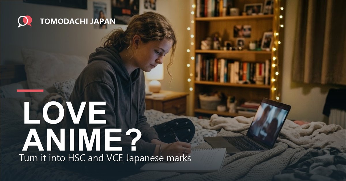 A teenager writing down a Japanese phrase from an anime episode while studying for a language exam