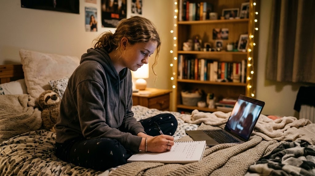 An Australian teenager pausing an anime episode on a laptop to write a Japanese phrase into a notebook beside HSC study materials