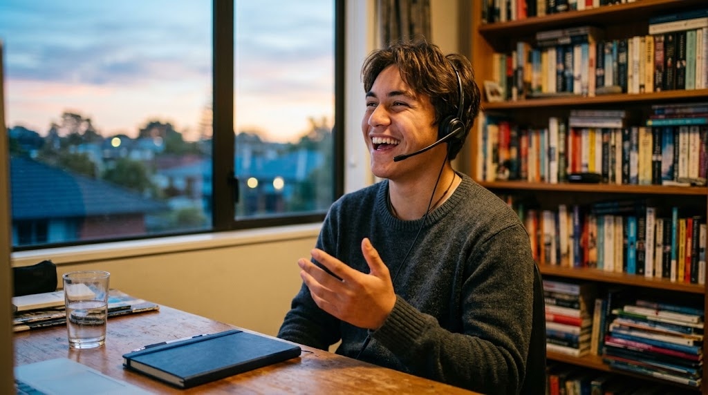 A New Zealand teenager smiling during an evening video call practising Japanese conversation with students in Japan, anime posters on the bedroom wall