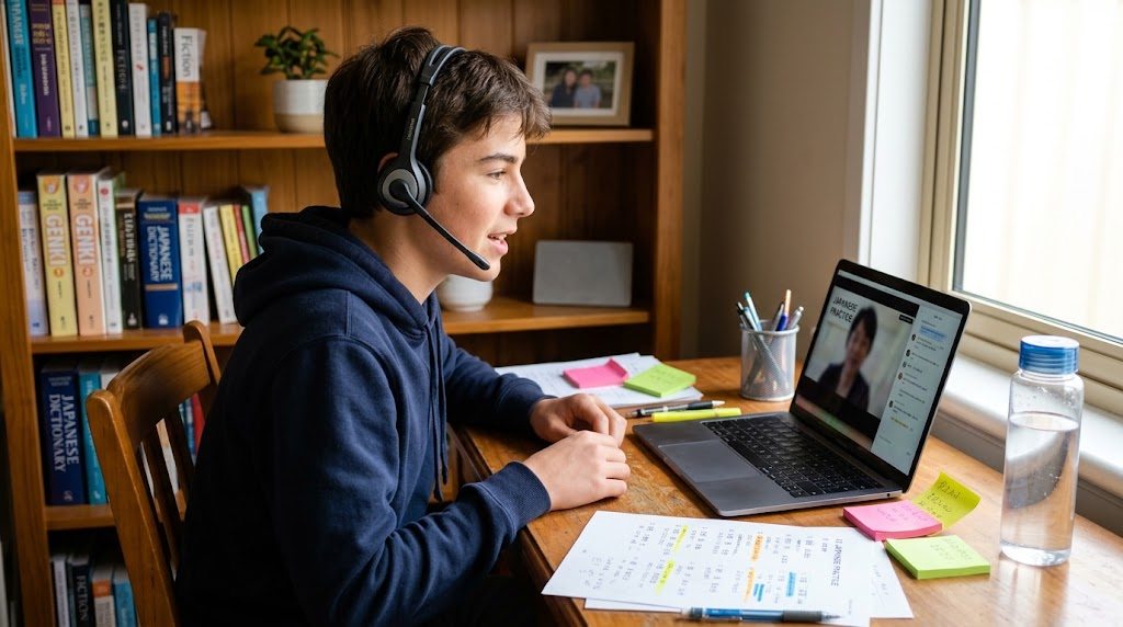 An Australian teenage student focused and confident at a desk with past-paper notes, doing an online Japanese speaking practice