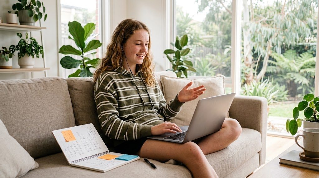 A Sydney teenager sitting on a sofa with a laptop, speaking during an online Japanese conversation lesson in bright morning light