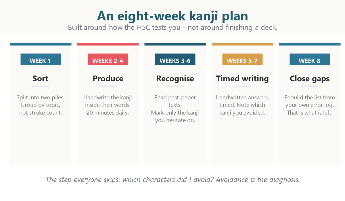 Eight week HSC Japanese kanji study plan chart showing sorting, production drilling, reading in context and past paper practice