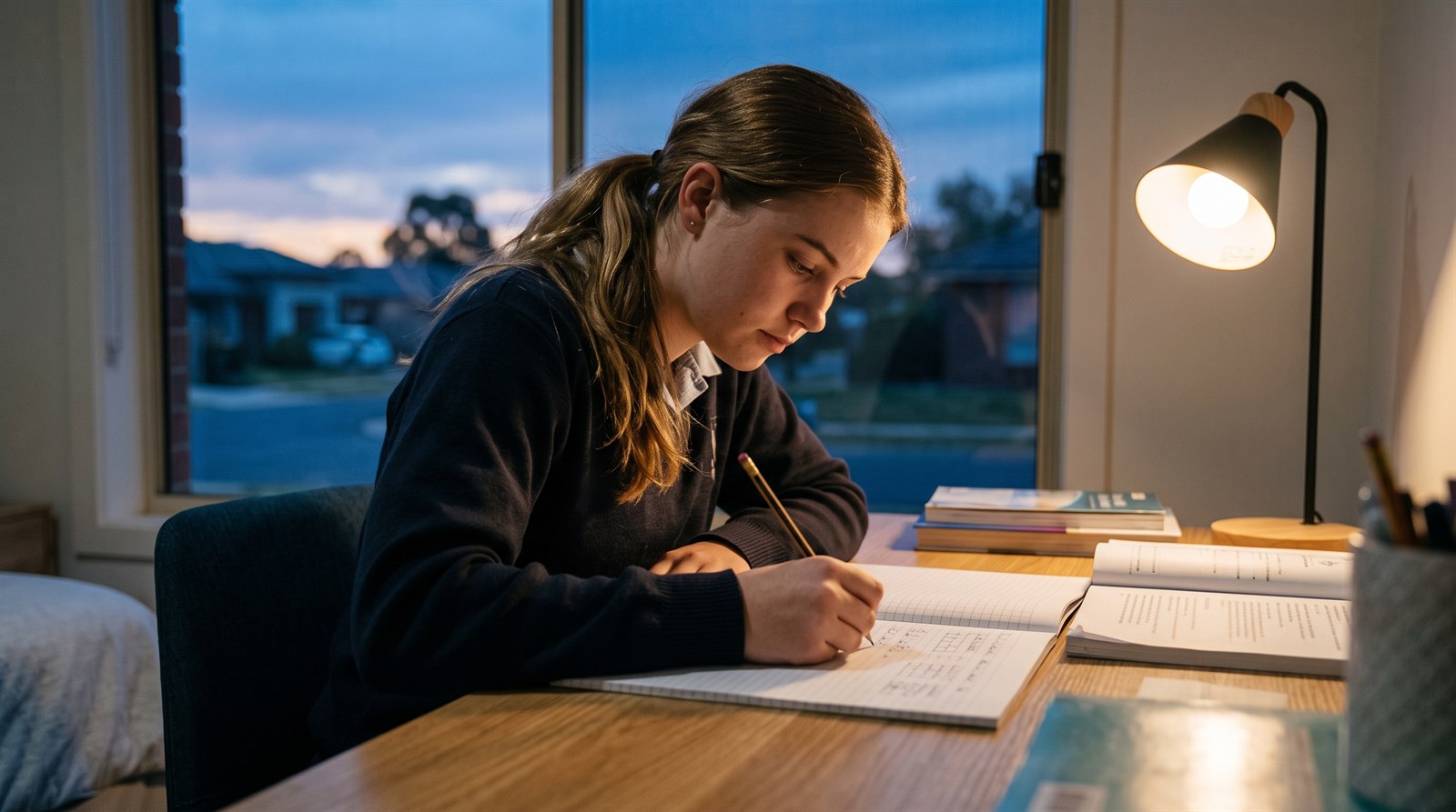 A Year 12 student practising writing Japanese kanji by hand in a notebook at a study desk