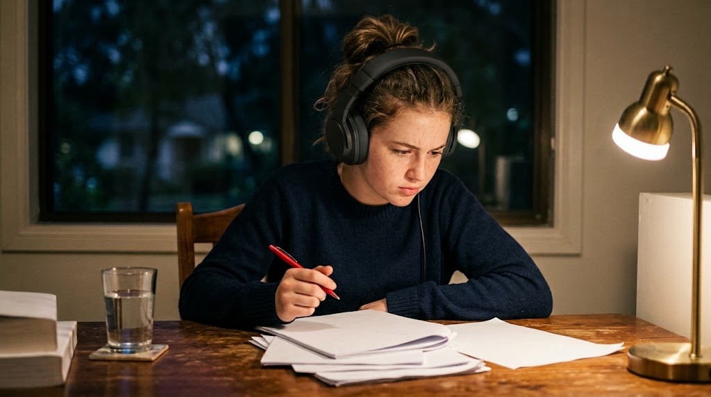 A Year 12 student in Sydney working through a printed HSC Japanese Continuers past paper at a desk with headphones and marking guidelines