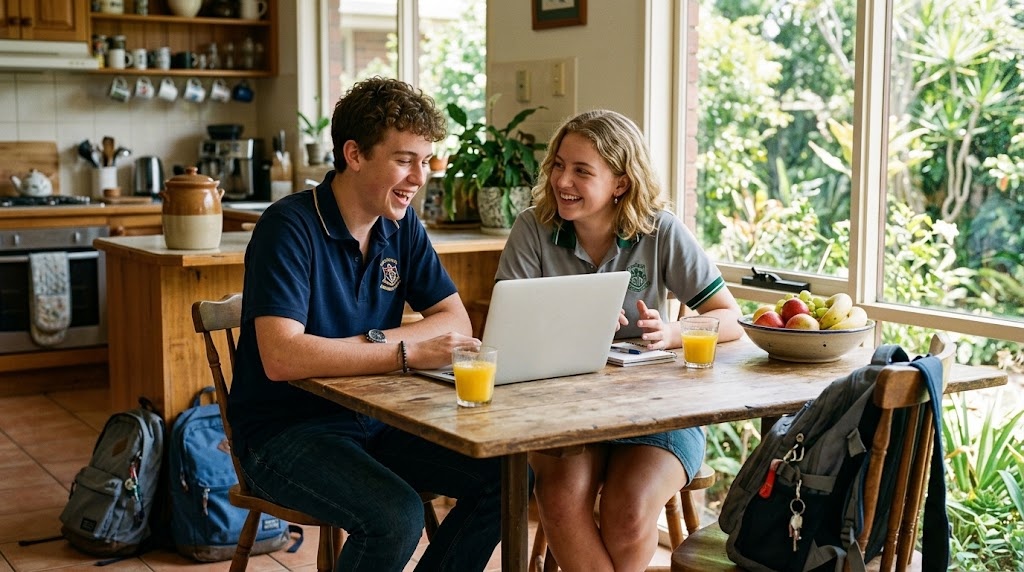Two Australian high school students sitting together at a kitchen table practising Japanese conversation on a laptop video call after school
