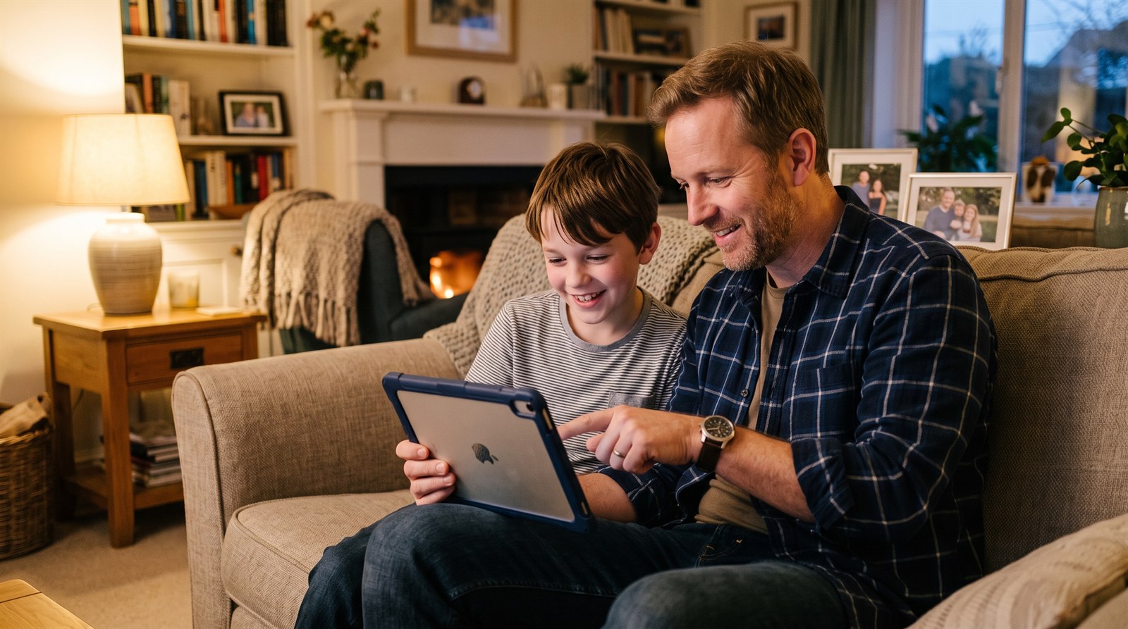A father and his ten-year-old son sitting on a sofa in the evening comparing Japanese class options on a tablet