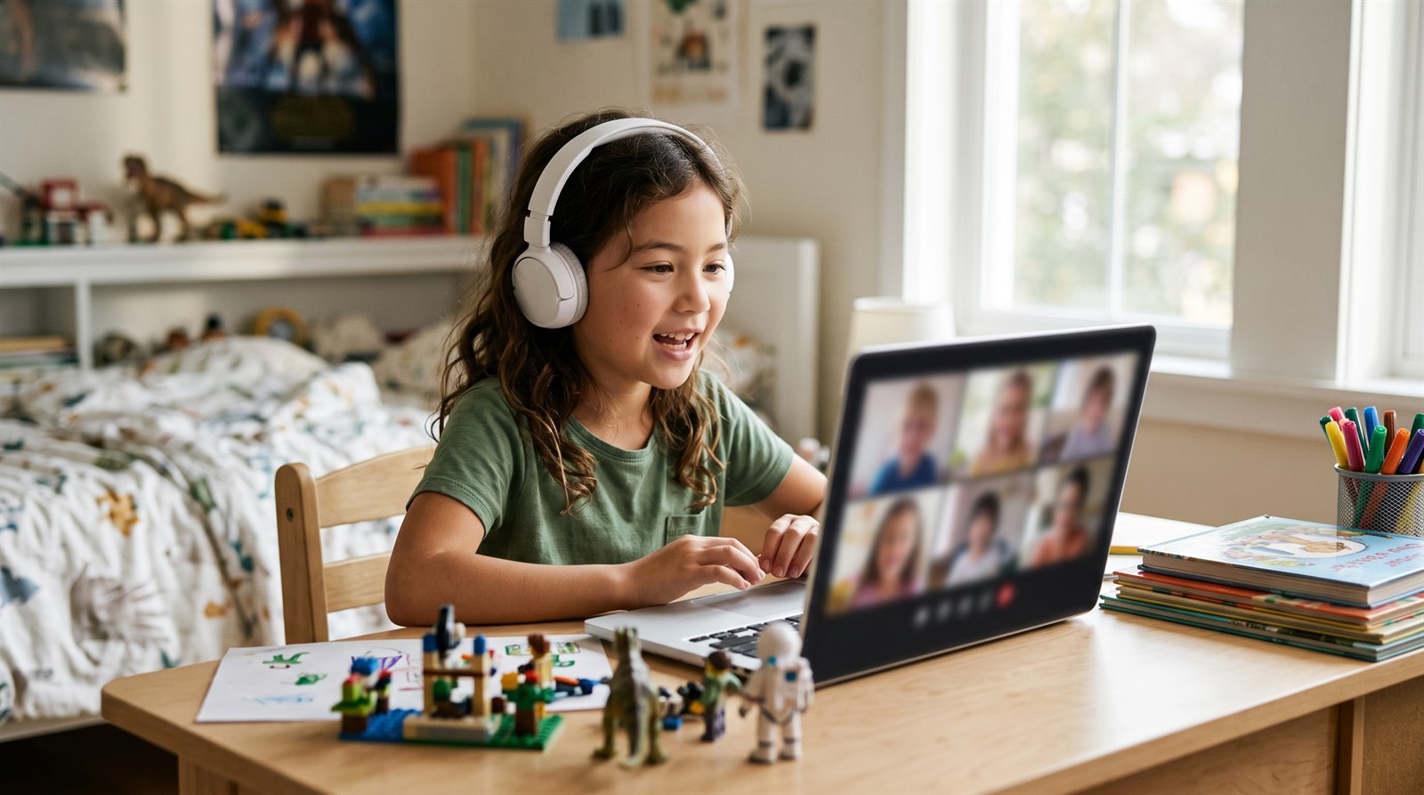 A child smiling at a laptop screen during a small-group online Japanese lesson at home