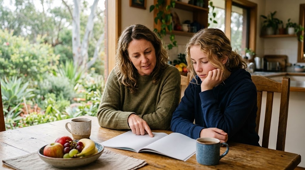 An Australian mother and her Year 10 daughter reviewing a school subject selection booklet together at home, discussing Japanese course options