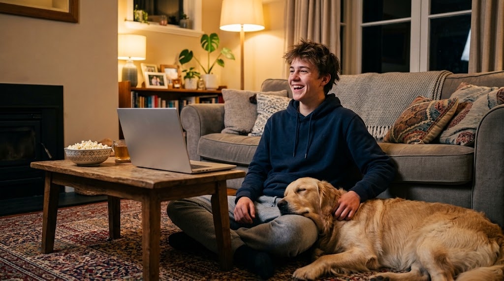 A teenage boy in an Australian living room laughing during a Japanese video call with students his own age in Japan
