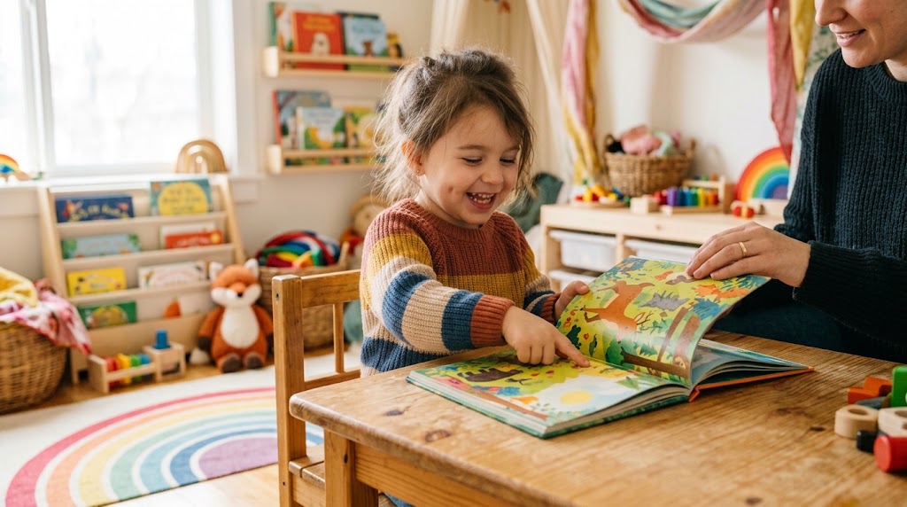 A young child doing a short, relaxed Japanese practice session at home with a picture book and a parent nearby