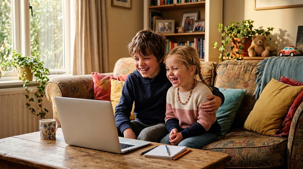 Two children laughing during a Japanese video call, practising conversation together after school