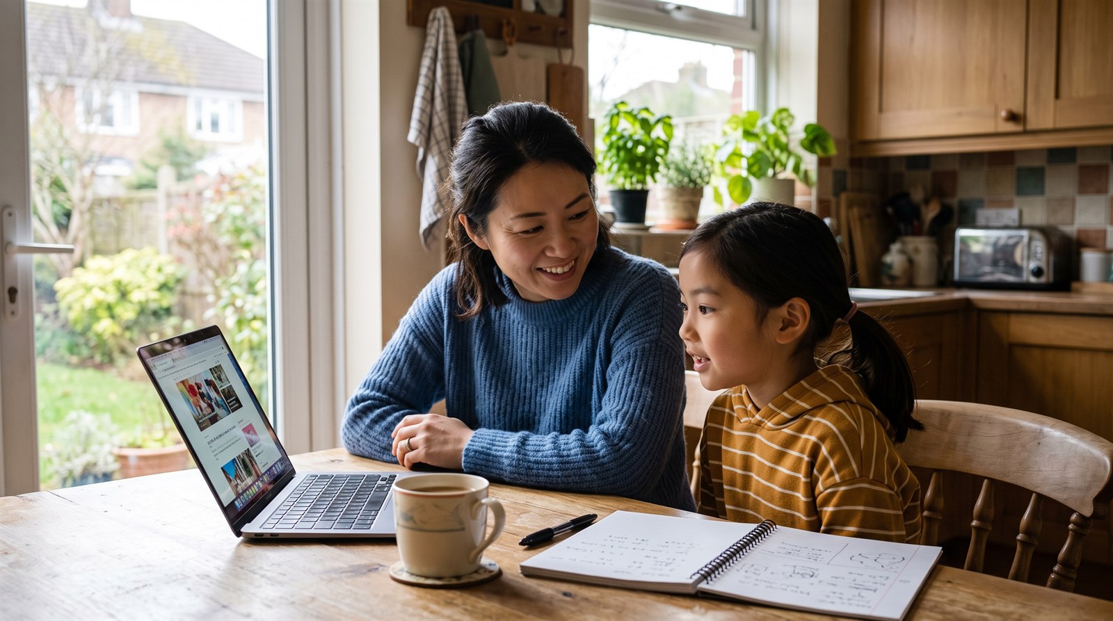 A primary-school-aged child and a parent looking at a laptop together at the kitchen table, searching for a Japanese Saturday school