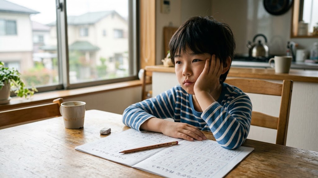 A tired child at a kitchen table on a Saturday morning with Japanese worksheets, looking reluctant
