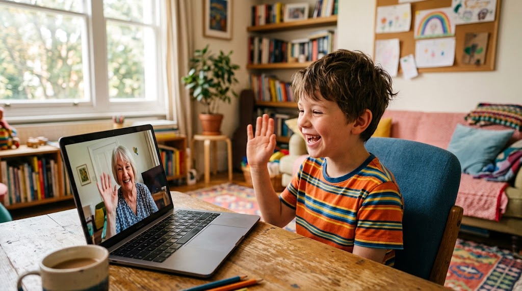 A smiling child on a laptop video call speaking Japanese with friends, relaxed and enjoying it at home