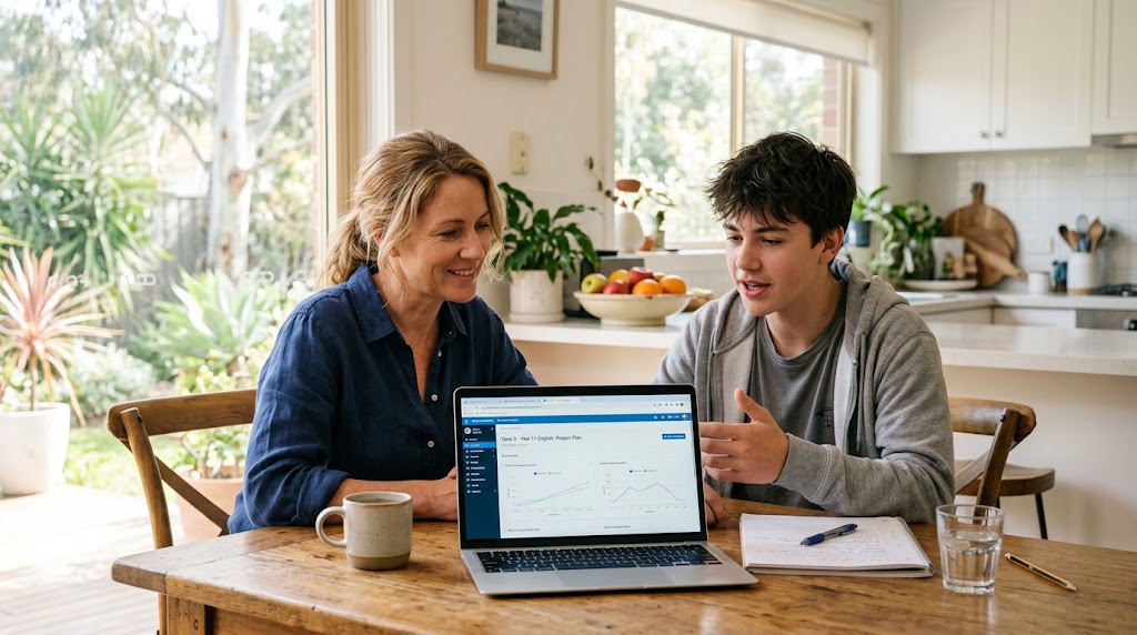 An Australian parent and teenager looking together at a laptop, weighing up Japanese tutoring options at the kitchen table