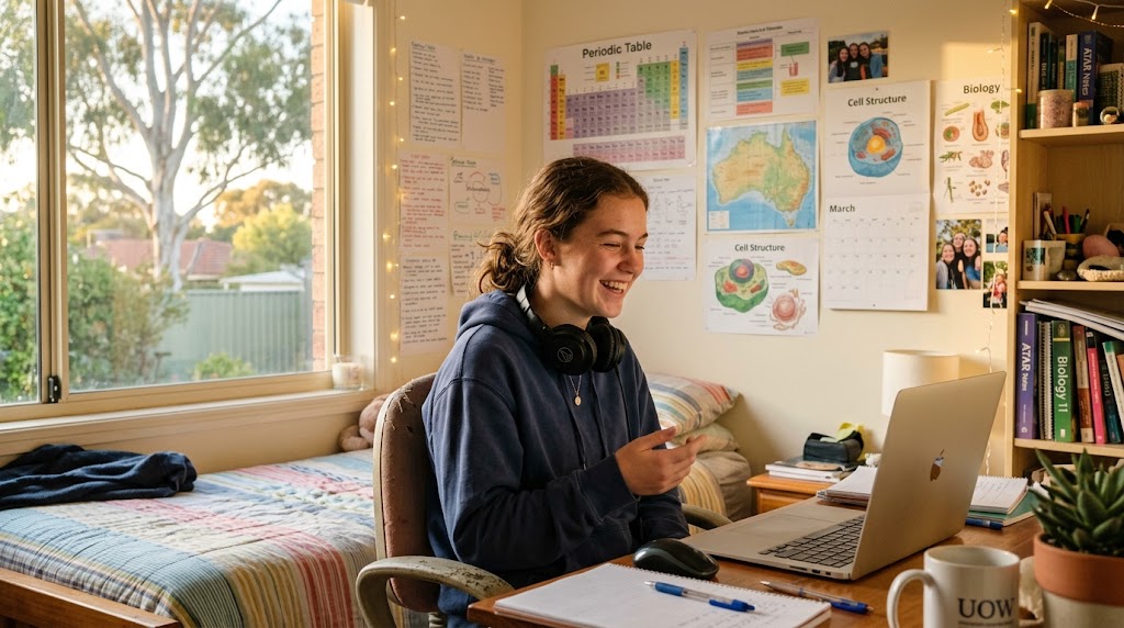 A Year 12 student in Australia speaking Japanese on a laptop video call with a teacher, relaxed and mid-conversation