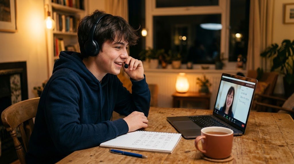 An Australian teenage student smiling with confidence at a laptop after a mock Japanese oral exam, study notes and a mug on the table