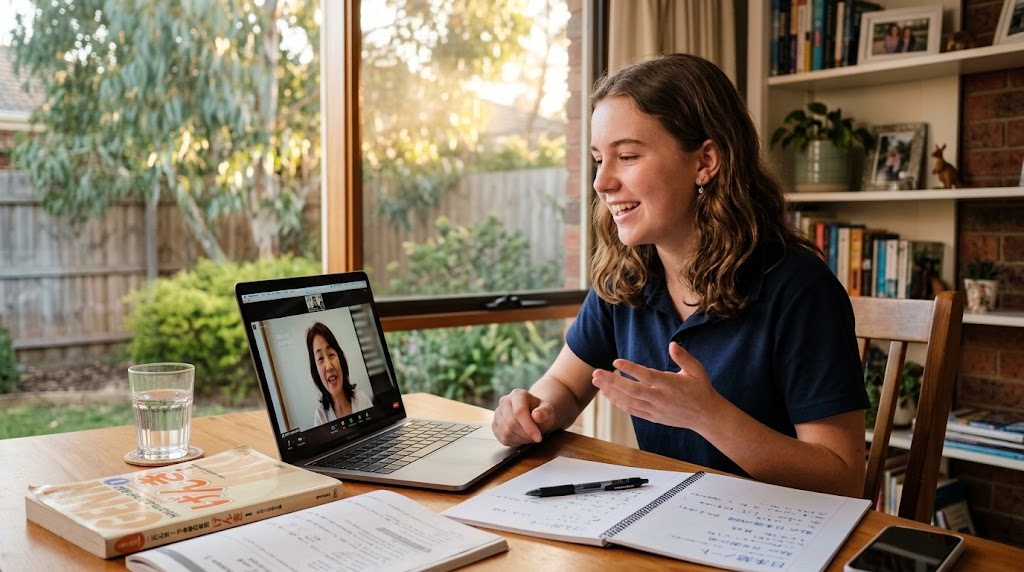 A Year 12 student in an Australian home practising a Japanese conversation on a laptop video call, textbooks and notes on the desk