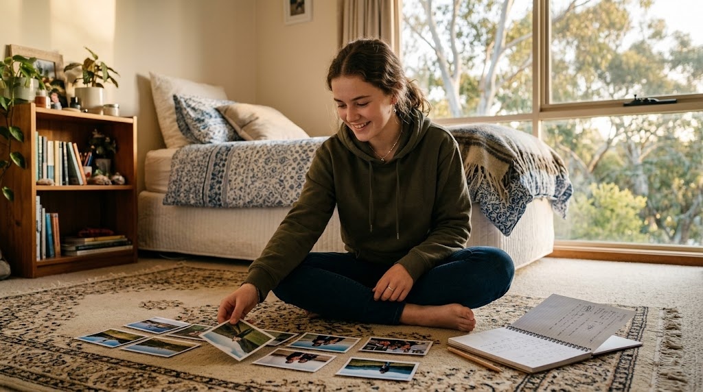 A Year 11 student in an Australian bedroom preparing her VCE Japanese Detailed Study, holding printed photographs for her oral exam support material