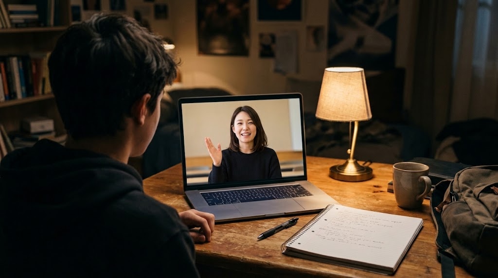 A Japanese teacher on a laptop screen asking a follow-up question during a mock Detailed Study discussion with an Australian student