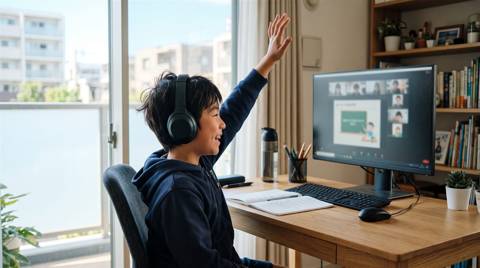 A boy with headphones raising his hand during an online class at his desk at home in Japan
