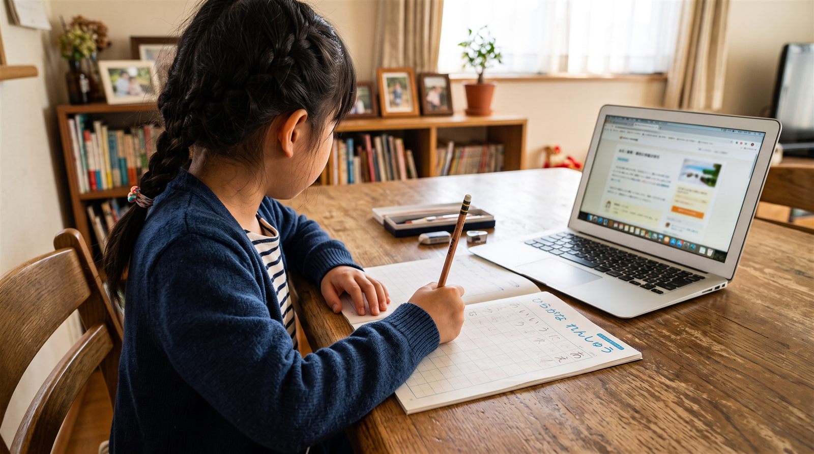 A girl practicing hiragana in a notebook next to a laptop at the dining table