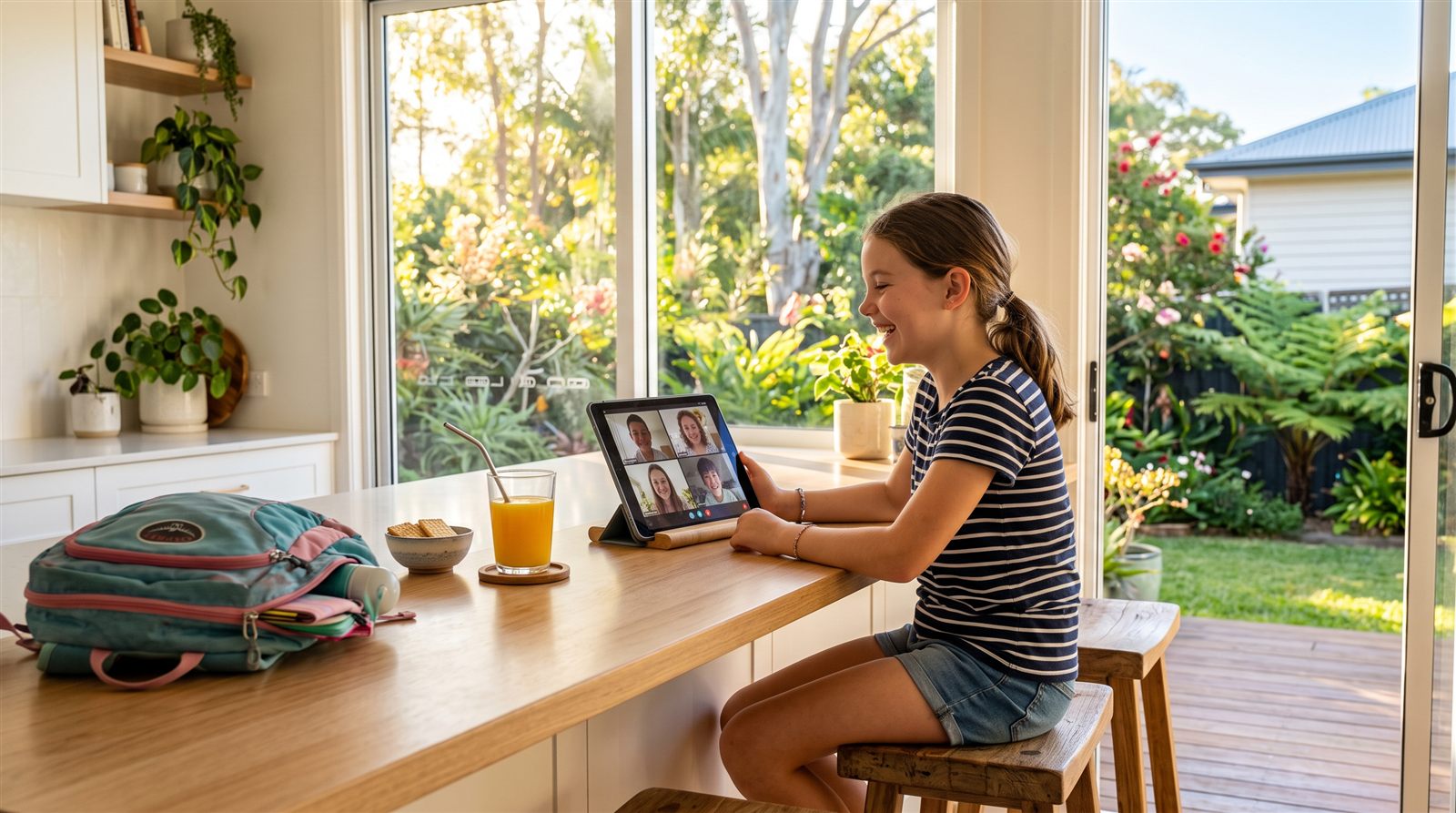 A child in a sunny Australian kitchen joining an online Japanese session on a tablet after school