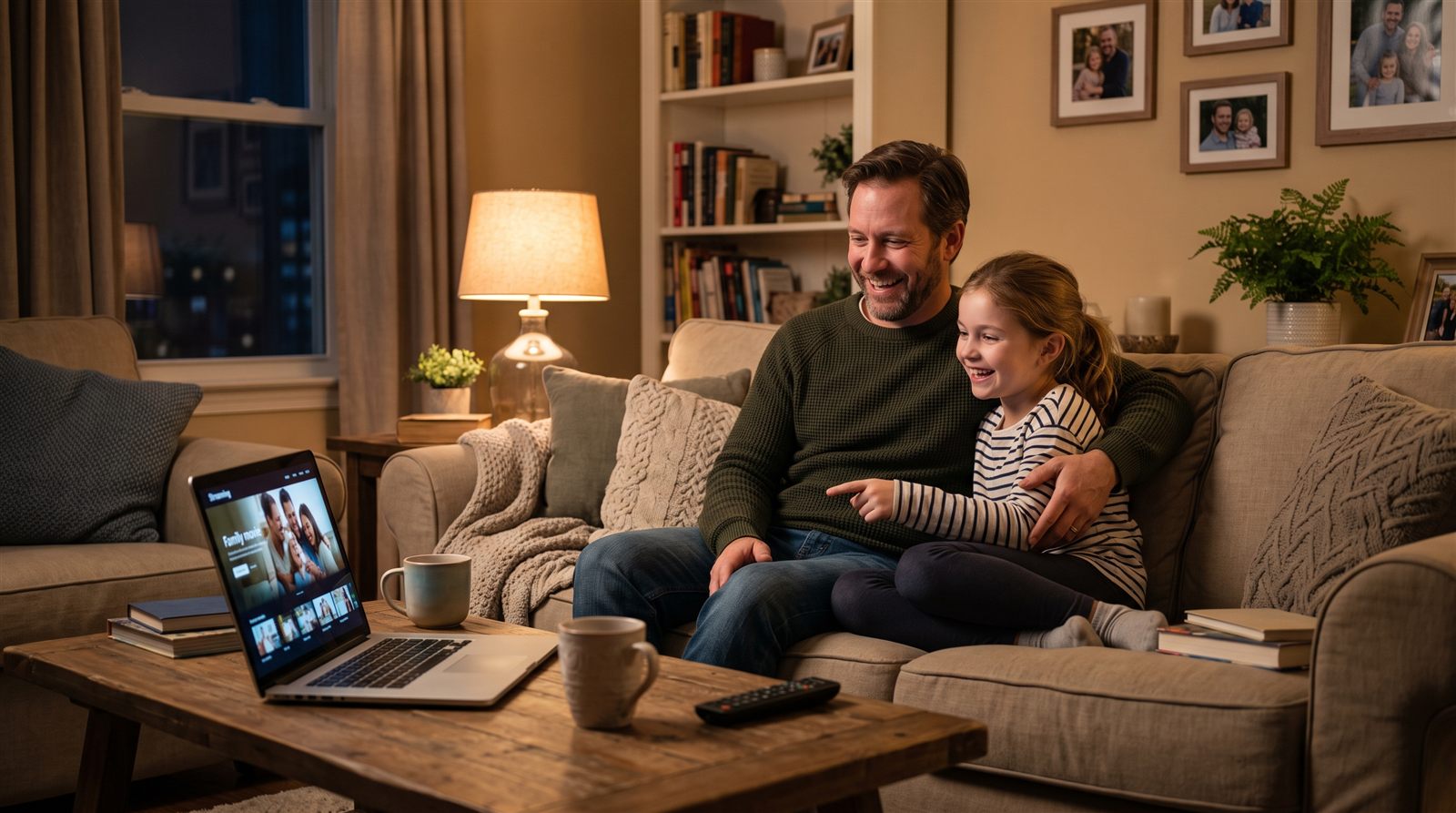 A father and daughter on the sofa in the evening joining an online Japanese session together