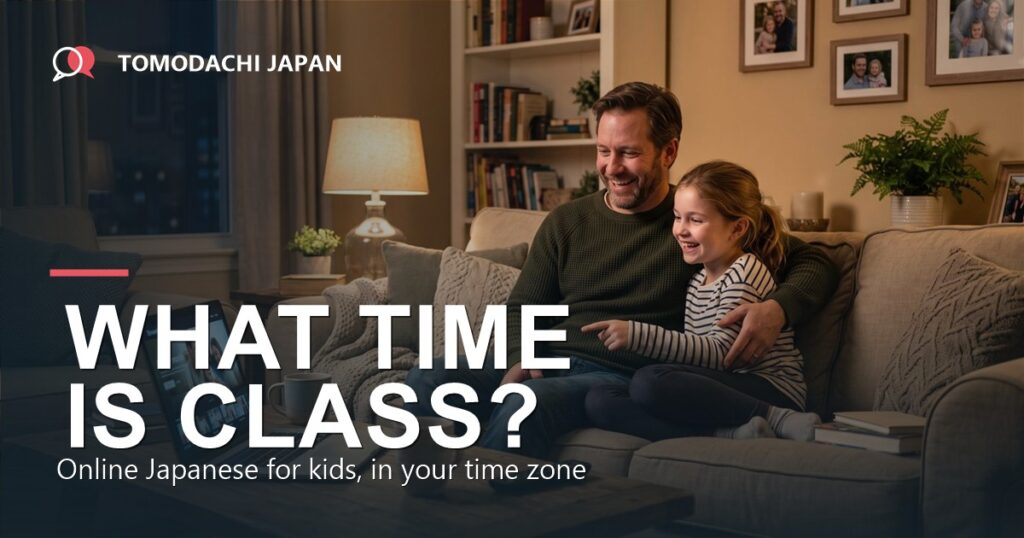 Father and daughter joining an evening online Japanese session — time-zone guide