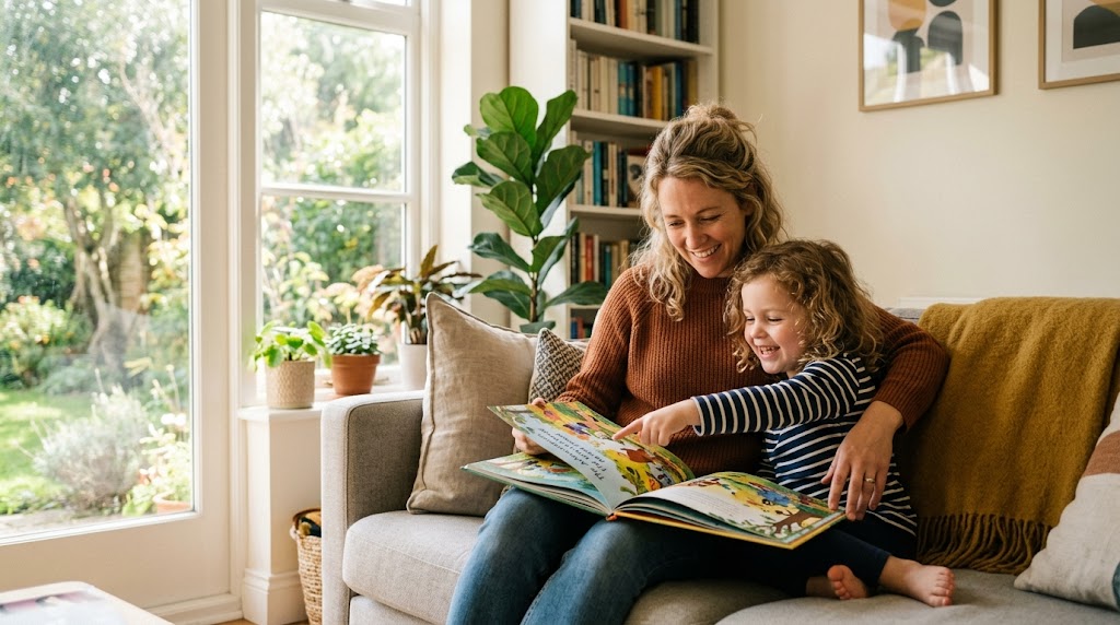 A parent and young child reading a Japanese picture book together on the sofa at home