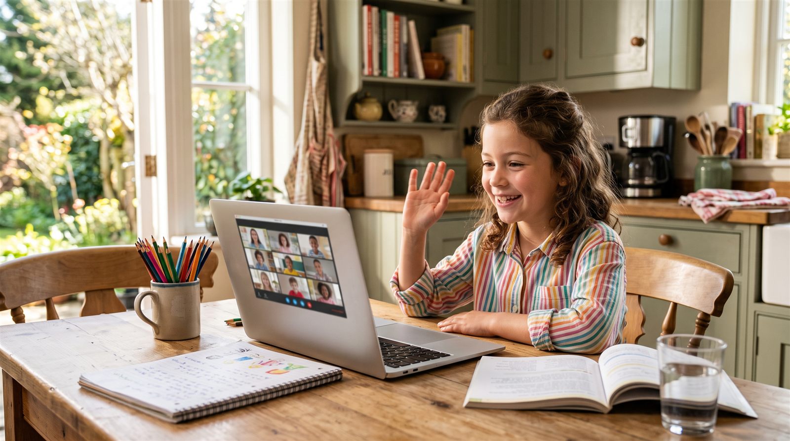 A smiling girl waving at a laptop during an online group Japanese lesson with friends at the kitchen table