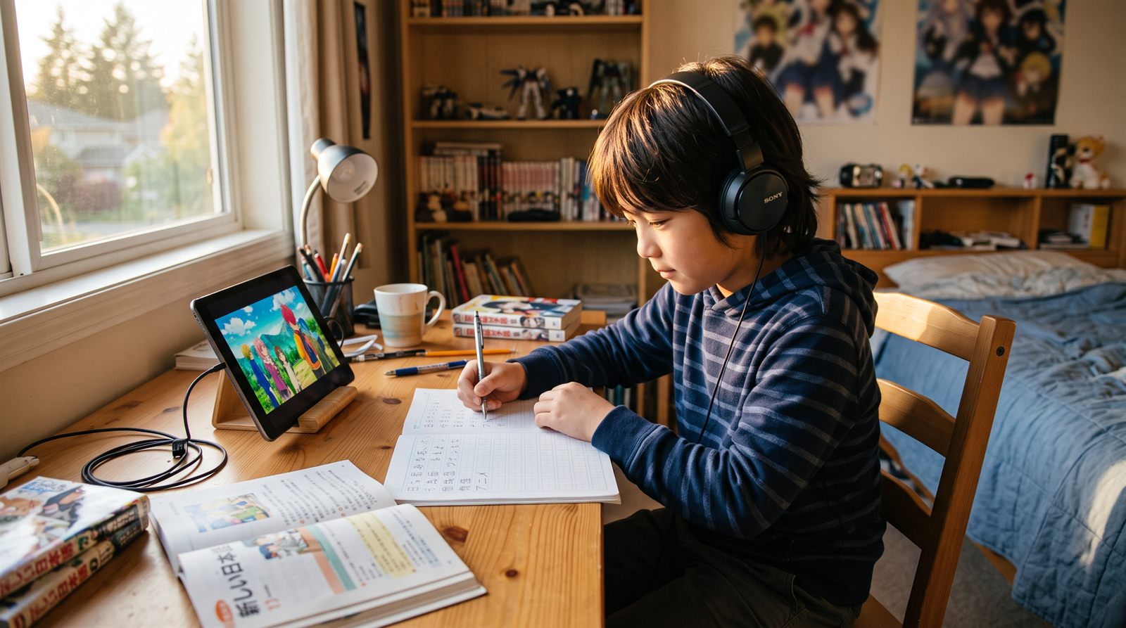 A child watching anime on a tablet and writing Japanese words in a notebook at home