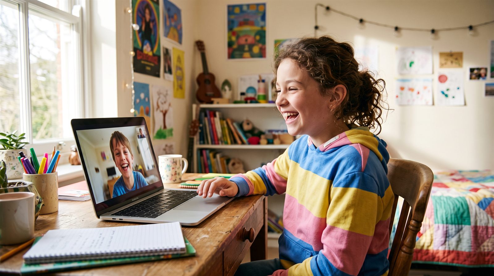 Two children laughing together on a video call, talking about anime in Japanese