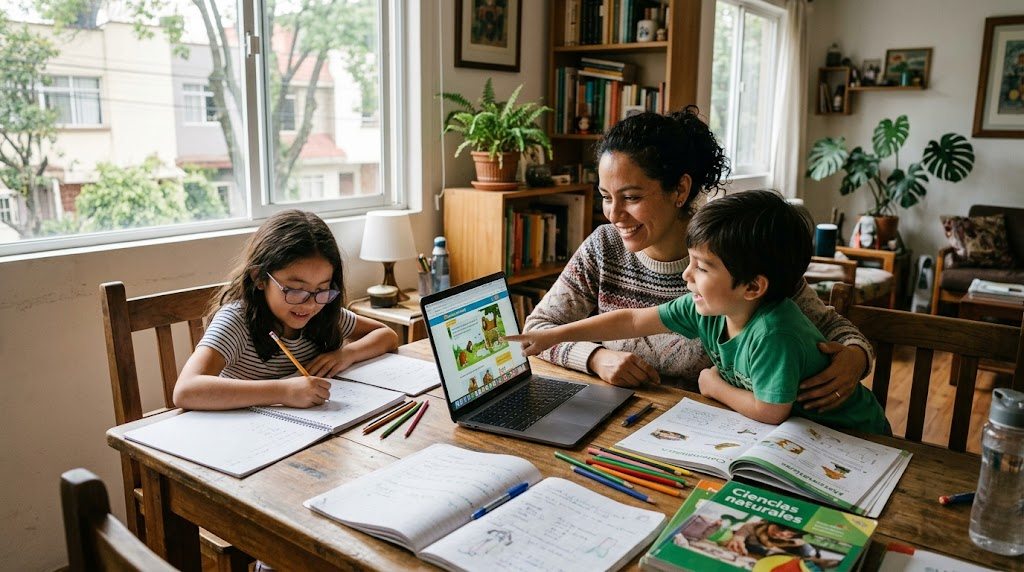 Familia latinoamericana aprendiendo junta en la mesa con laptop, cuadernos y libros