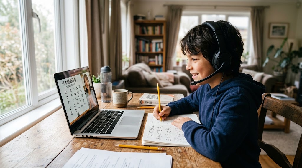 Nino latinoamericano con auriculares tomando una clase de japones en linea en un escritorio, escribiendo hiragana en su cuaderno