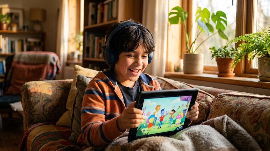 Niño latinoamericano con auriculares viendo un dibujo animado en una tablet, sonriendo con entusiasmo en el sofá de su casa