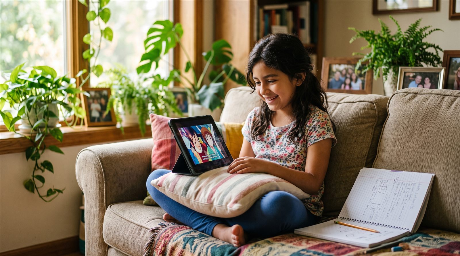 Niña latinoamericana sonriente viendo anime en una tablet en el sofá de su casa, tomando notas en un cuaderno