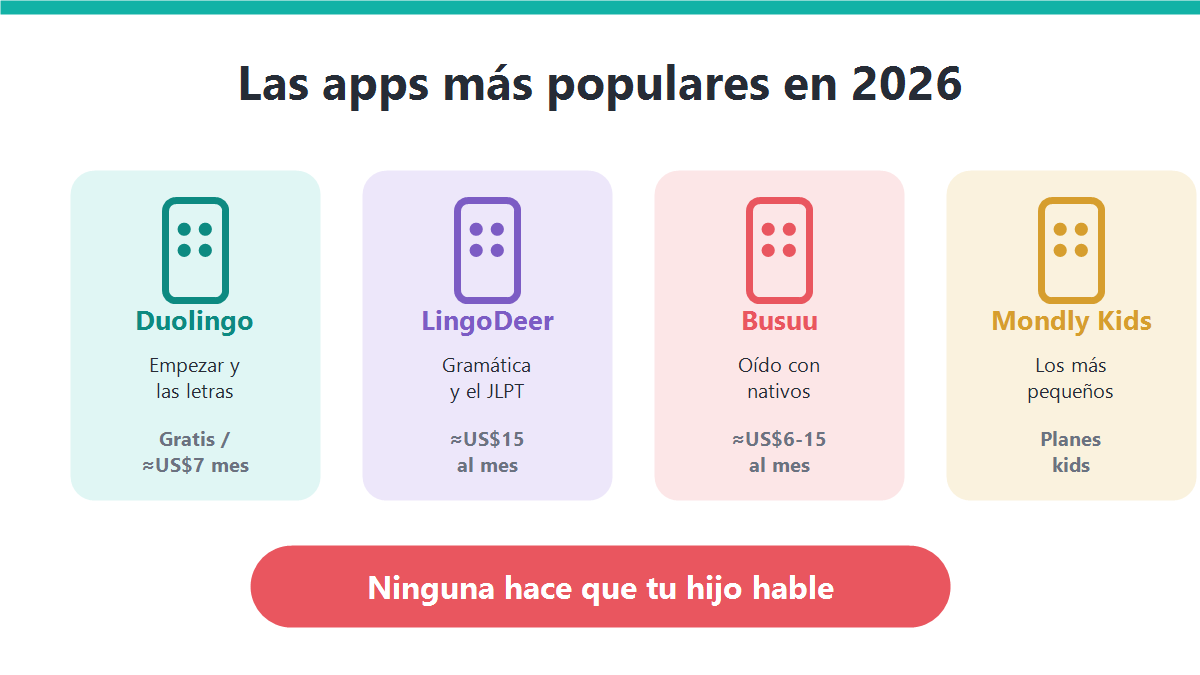 Infografía que compara cuatro apps para aprender japonés para niños: Duolingo, LingoDeer, Busuu y Mondly Kids, con su precio y para qué sirve cada una