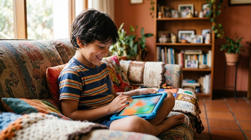 Niño latinoamericano sonriendo mientras usa una app para aprender japonés en una tablet, sentado en el sofá de su casa