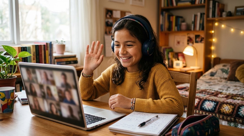 Niña latinoamericana con auriculares saludando y sonriendo a la pantalla de una laptop durante una clase de japonés en vivo por videollamada