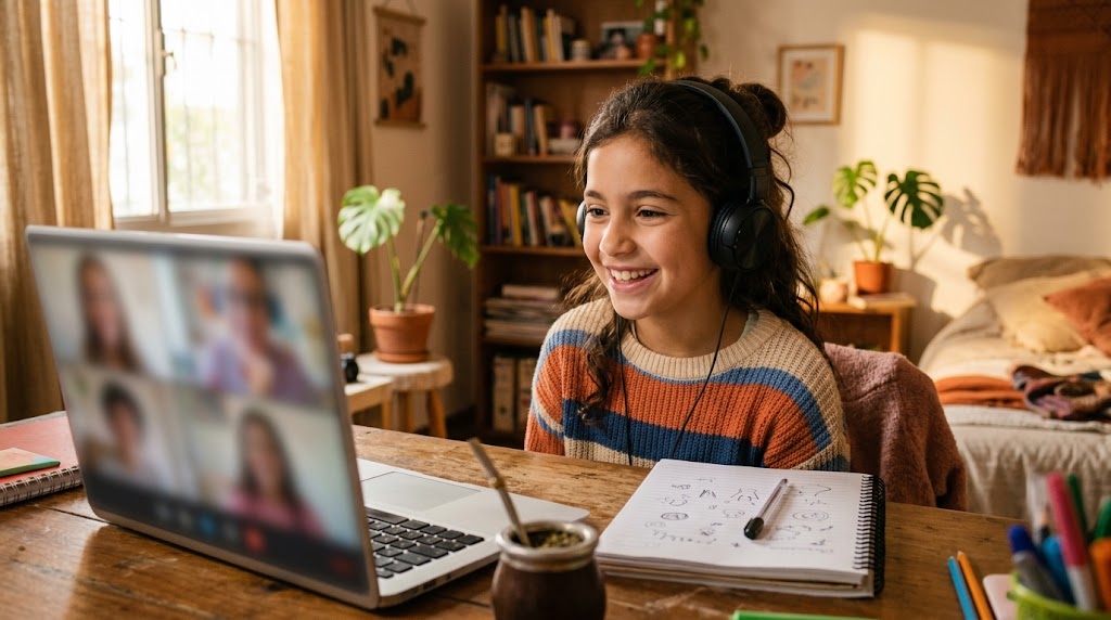 Niña argentina con auriculares sonriendo frente a una laptop durante una clase de japonés en vivo por videollamada en su casa