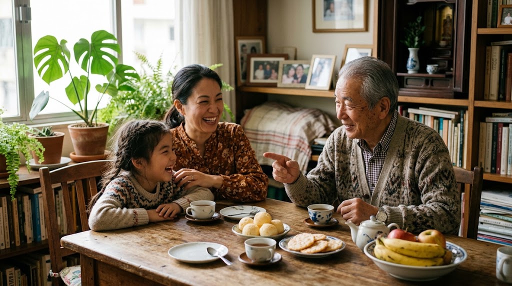 Familia nikkei argentina de tres generaciones conversando en casa; el abuelo, la madre y la niña sonríen juntos alrededor de la mesa