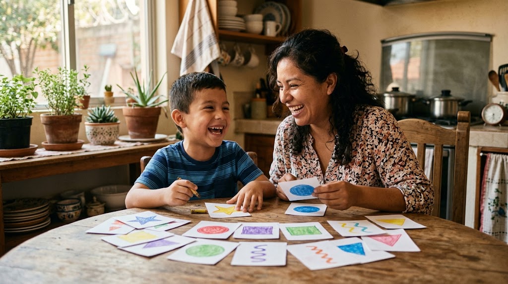 Madre e hijo latinoamericanos aprendiendo hiragana juntos con tarjetas de colores sobre la mesa de la cocina, riéndose