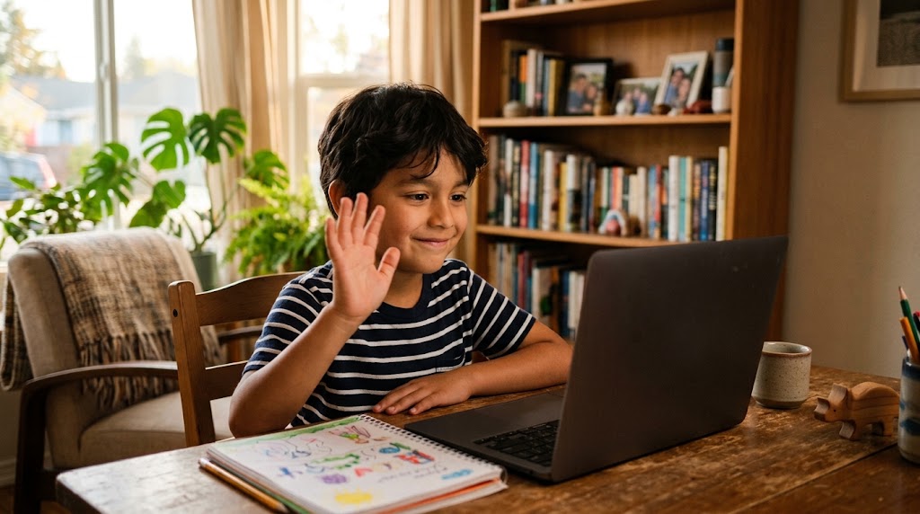 Niño latinoamericano principiante saludando con la mano y sonriendo frente a la laptop en su primera clase de japonés en vivo