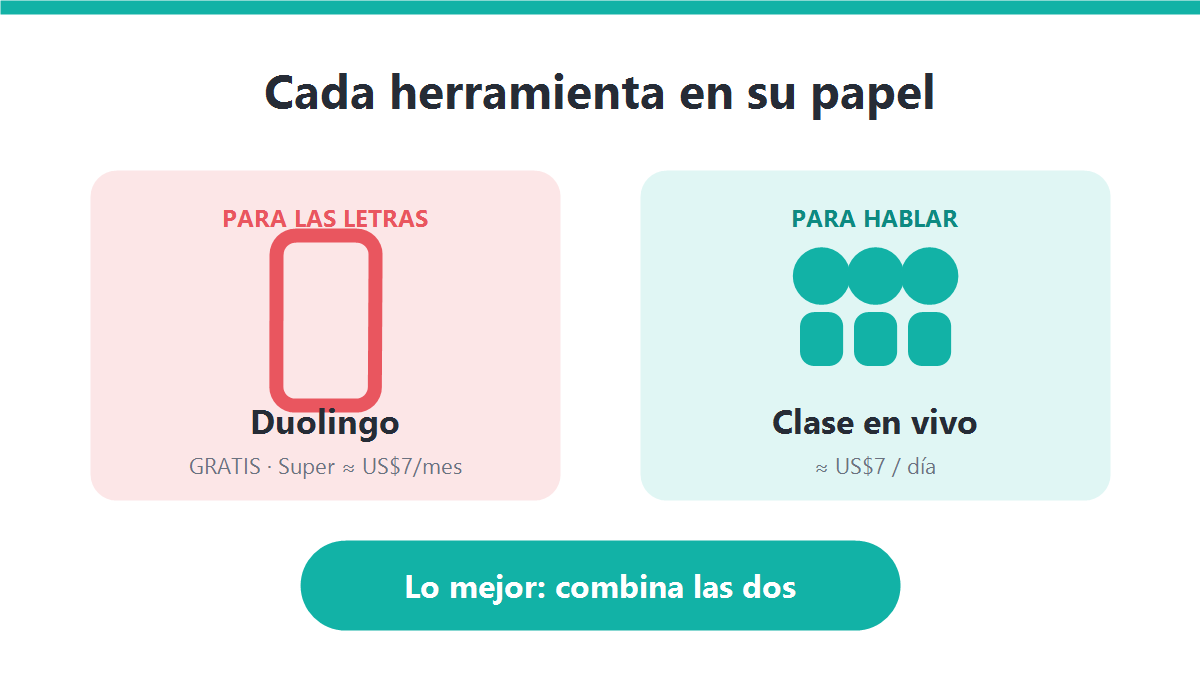 Gráfico de reparto de roles: Duolingo gratis para las letras del día a día, y clase en vivo por unos 7 dólares al día para hablar y hacer amigos